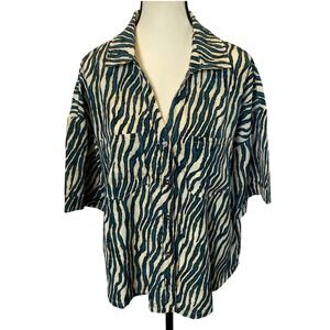 Entro Women's Striped Button Down Shirt Large Animal Print Collared V-Neck Top